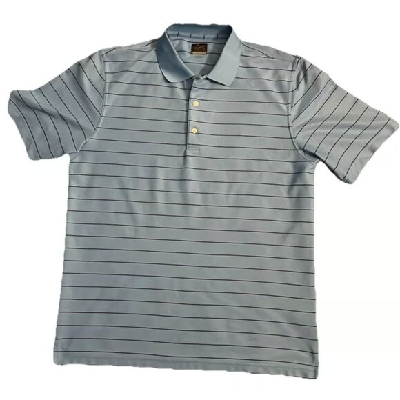 Greg Norman Play Dry Collared Polo Golf Shirt Blue Black Striped Logo Large - Picture 1 of 3